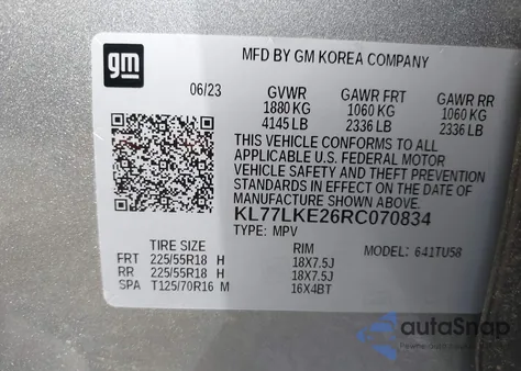 2024 Chevrolet Trax Activ из США, поврежденный, VIN KL77LKE26RC070834